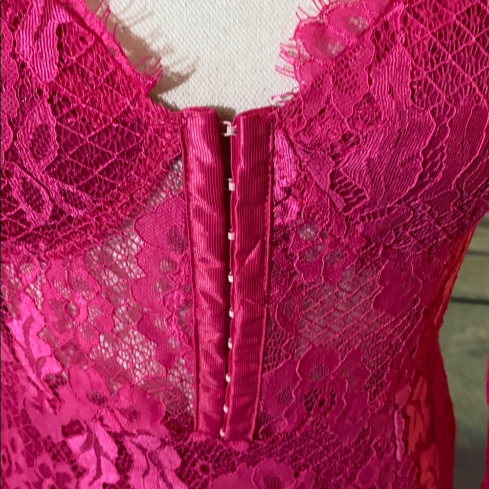 Bustier Lace Mini Dress | Large | Hook-Eye Corset, Magenta, Floral Lace - Picture 5 of 15